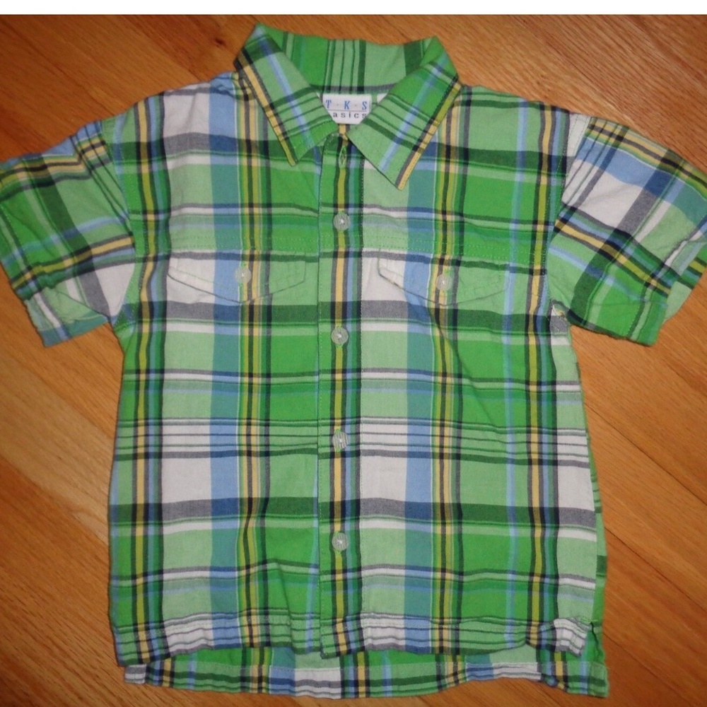 Boy  Plaid Green Shirt Size 4T Short Sleeve Easter Blue White Yellow